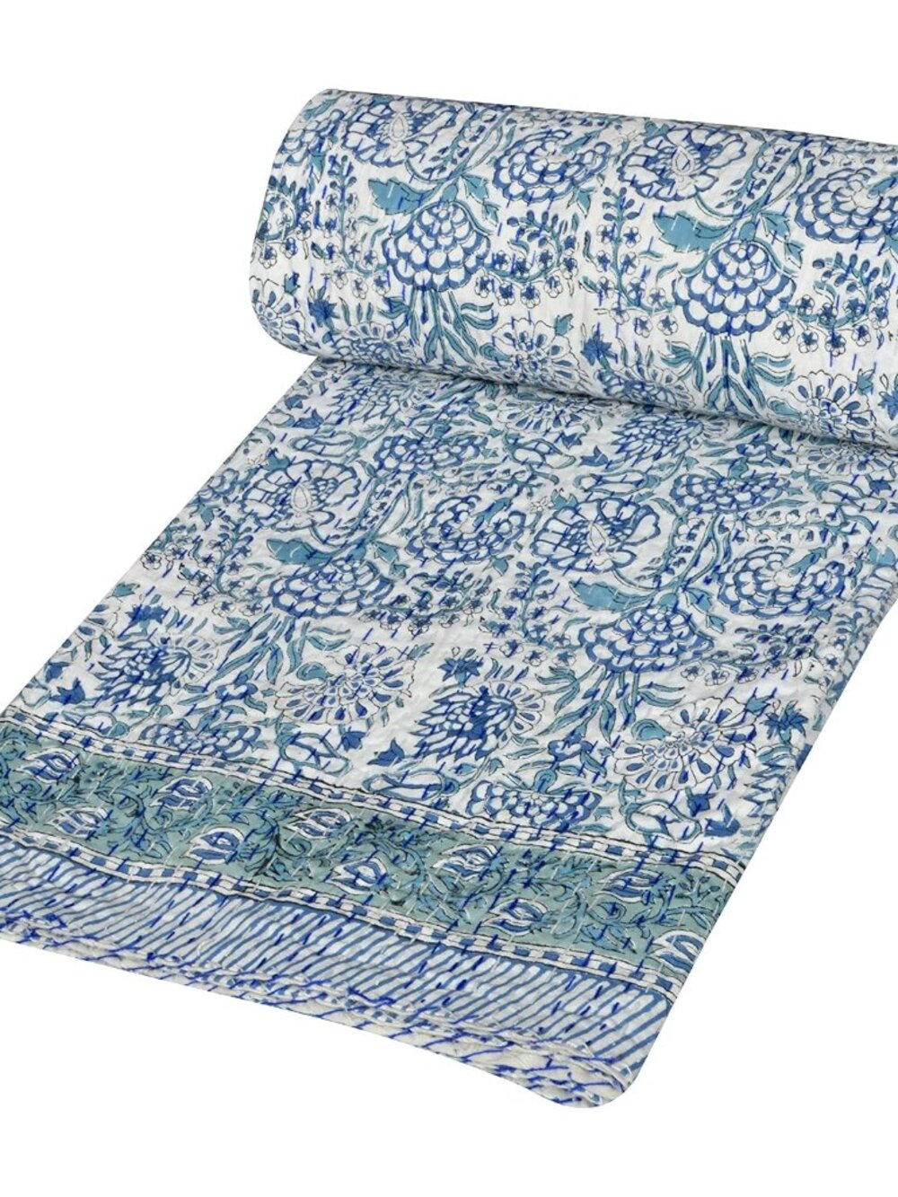 Indian Handmade Twin/Queen Kantha Quilt Floral Print Kantha Blue Cotton Bedsprea